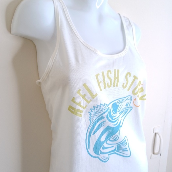 Women's Racerback Tank. Fun Fish Story Spin Humor. Size Medium - Picture 8 of 11